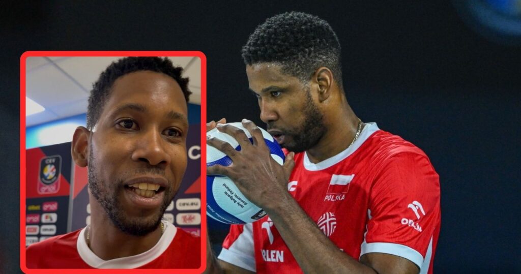 Wilfredo Leon podczas zagrywki w meczu reprezentacji Polski