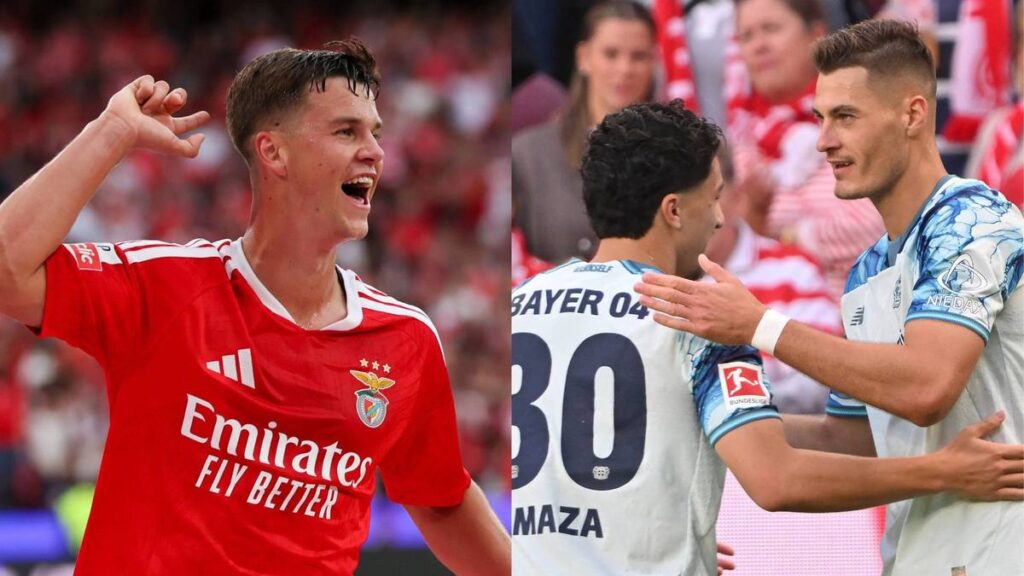 Piłkarze Bayeru Leverkusen i Benfiki podczas meczu ligowego